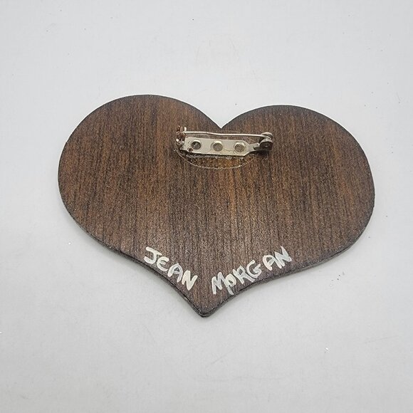 Vintage Signed Heart Shape Hand Painted‎ Wooden Floral Pin Brooch Daisy Gladiola - Picture 2 of 4